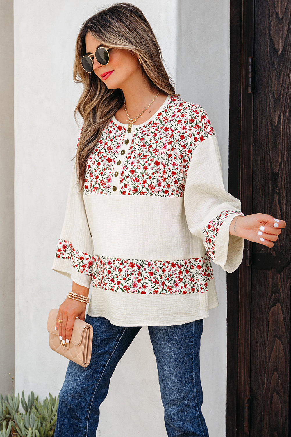 Patchwork Floral-Print Gauze Henley Button 3/4 Sleeve Blouse