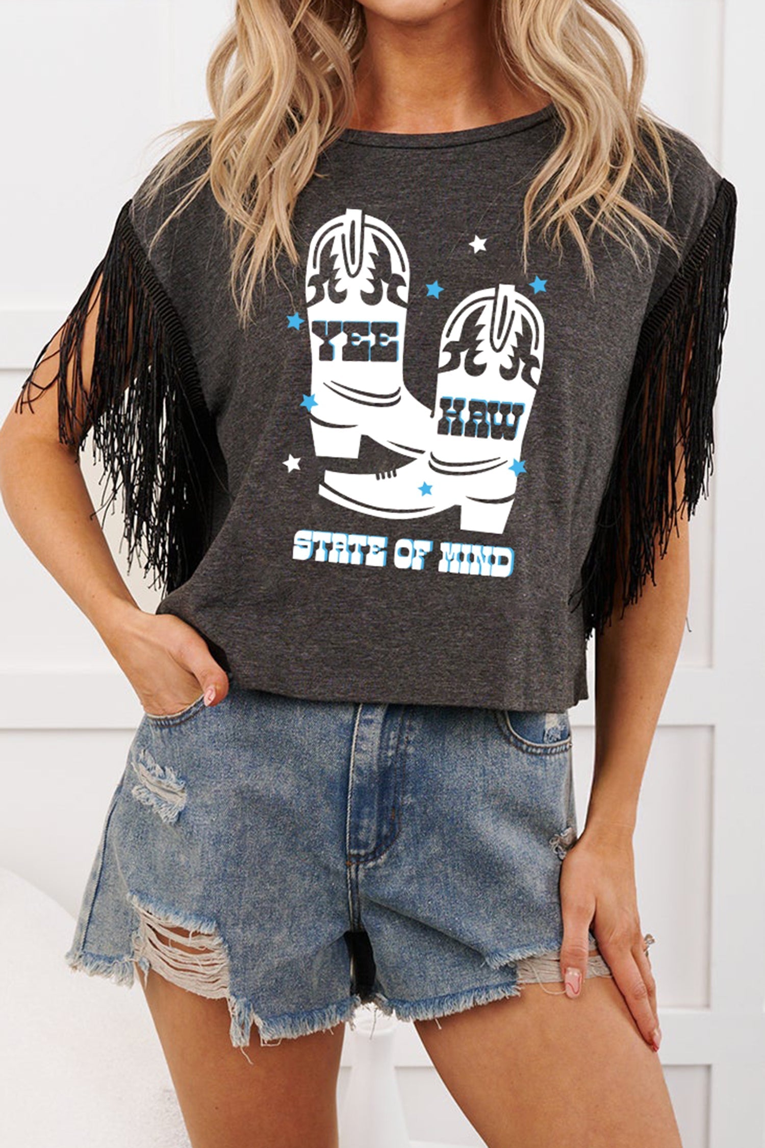 Grey YEE Carbon YEE HAW Boots STATE OF MIND Fringed Sleeve Tee