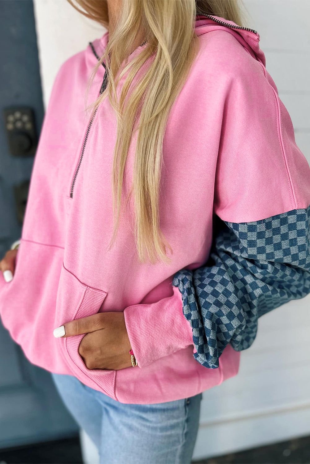 Patchwork Kangaroo Checkered Kangaroo Pocket Half Zip Hoodie