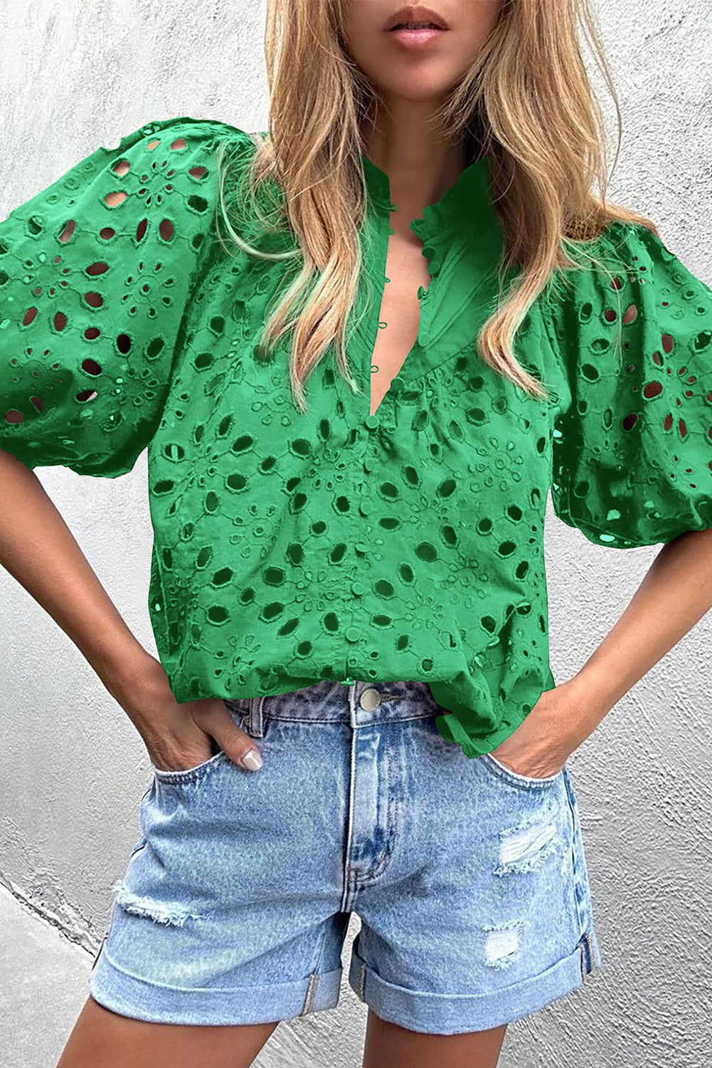 Women's Blouse with Hollow-out Balloon Sleeve