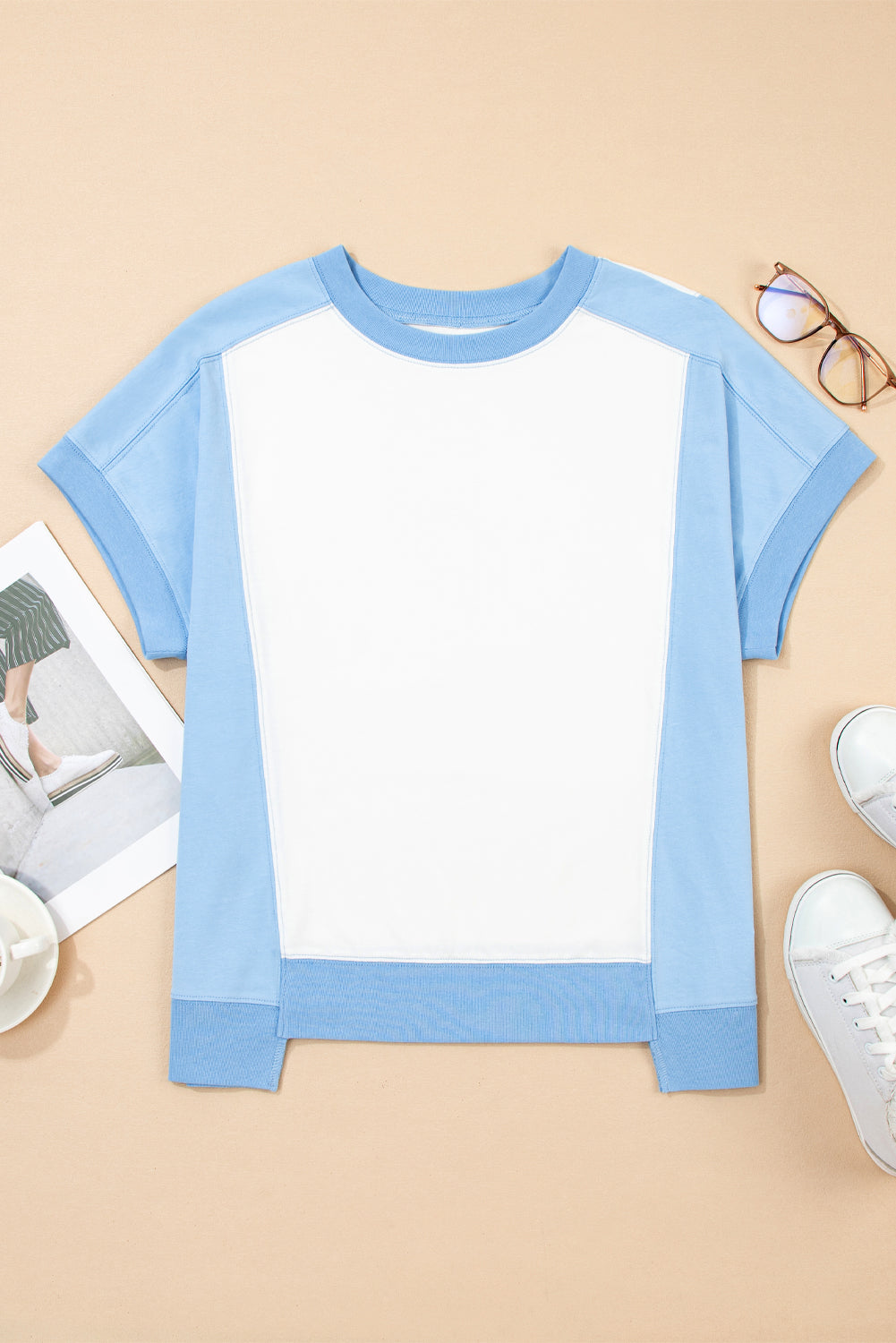 Color Block Exposed Seam Crew Neck T Shirt