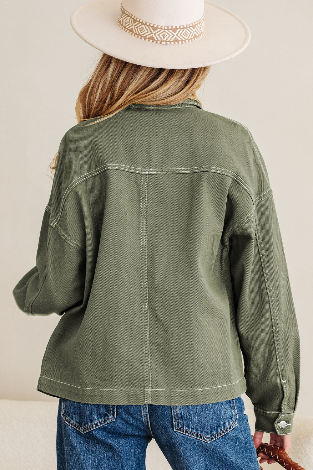 Collared Patched Pocket Button Front Boyfriend Denim Jacket