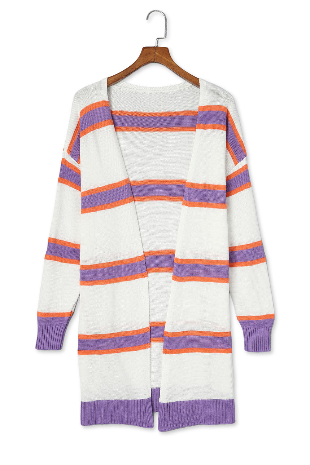 Women's Striped Rib-Knitted Trim Button Cardigan