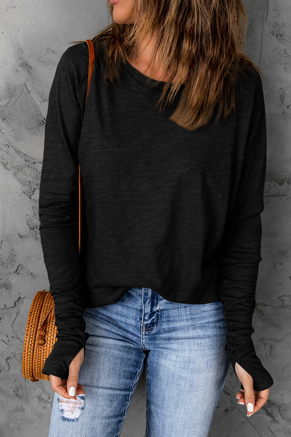 Top for Women Solid Crew Neck Long-Sleeve