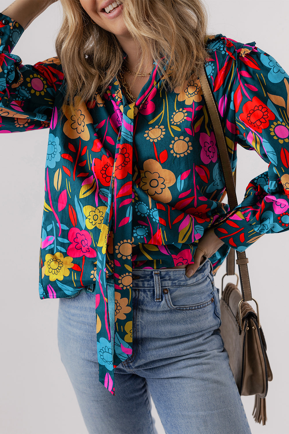 Women's Blouse Featuring Knot-Detail Split Neck Balloon Sleeve Floral-Print