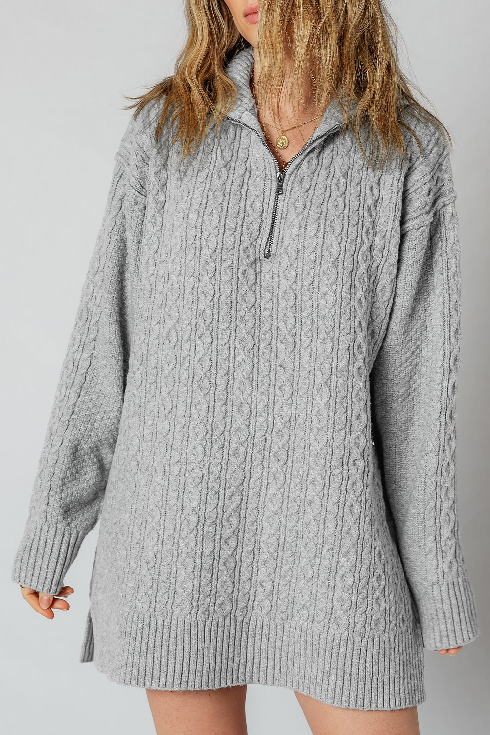Knit High Cable Quarter Zip Rib-Knit Trim Loose Knit Top Dress