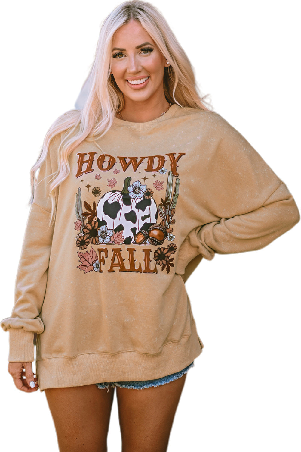 Women's Sweatshirt Featuring HOWDY FALL Pumpkin Split Hem