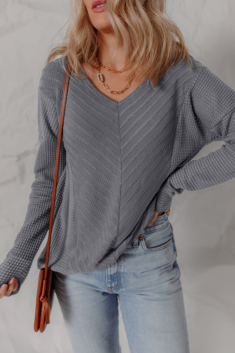 V-Neck Patchwork Chevron Texture Long-Sleeved Knit Top