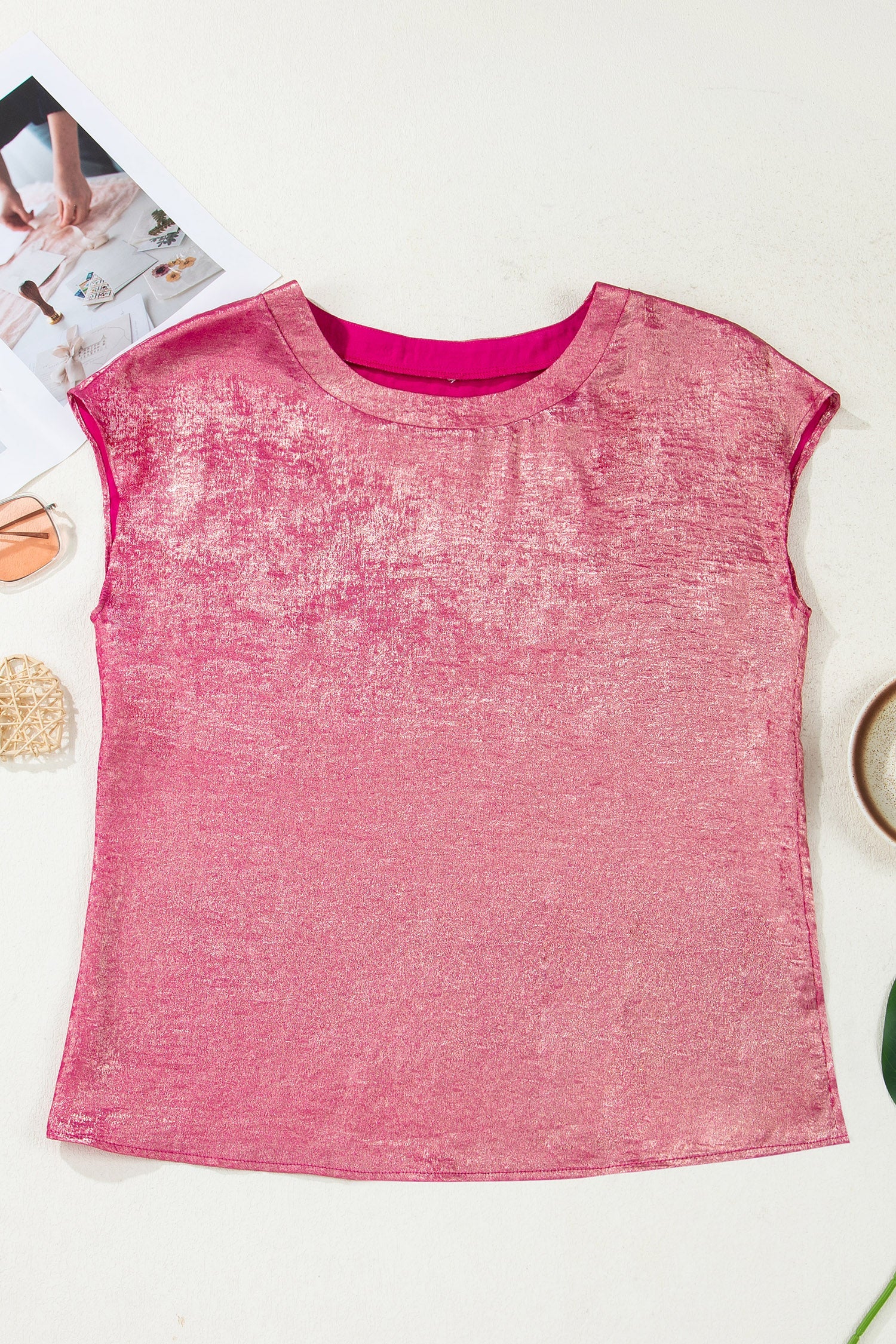 Metallic Round-Neck Cap Sleeve Tee