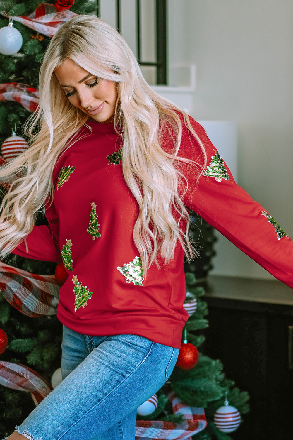 Women's Christmas Tree Raglan-Sleeve Sweatshirt