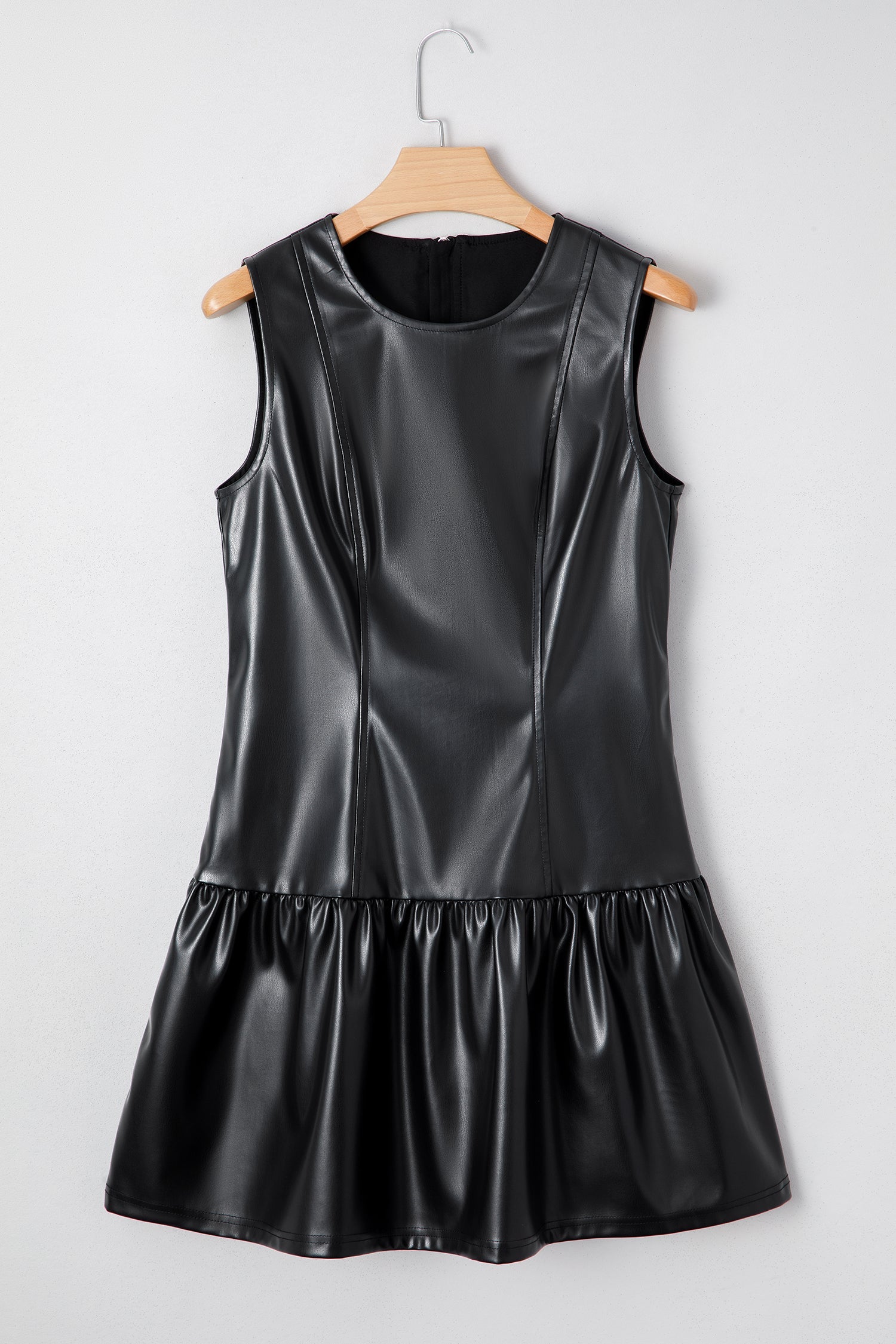 Faux Hem Leather Ruffle Sleeveless Mini Dress