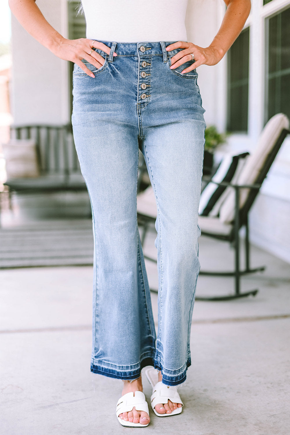 Women's High-Rise Button-Front Distressed Flared Jeans