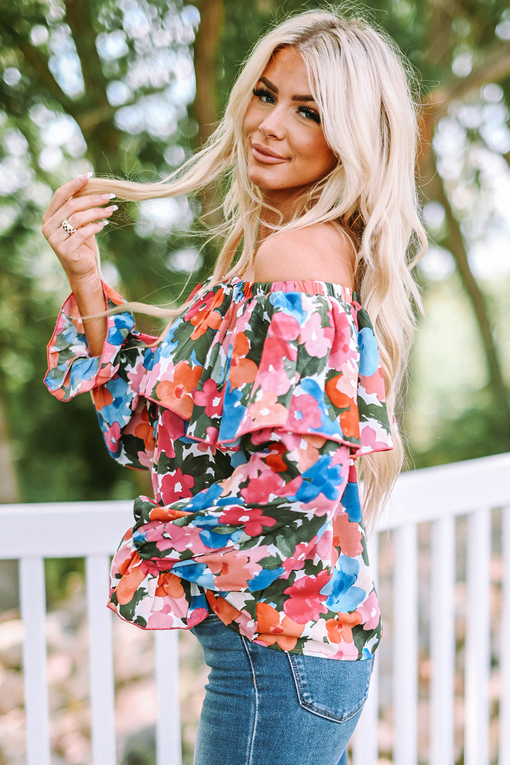 Women's Floral-Print Ruffle-Trimmed Off Shoulder Blouse