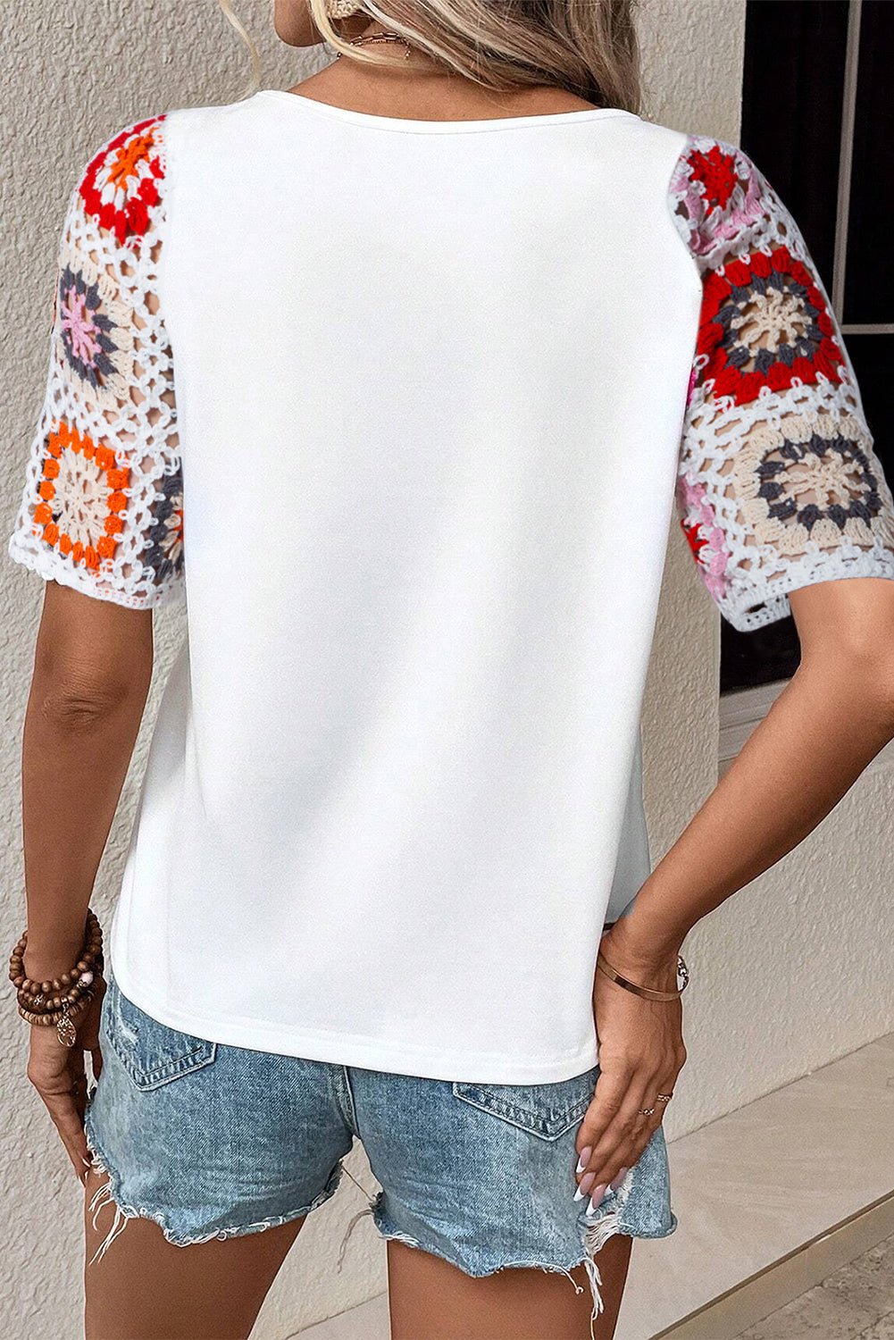 Women's Top with Crochet Short-Sleeve Floral-Print