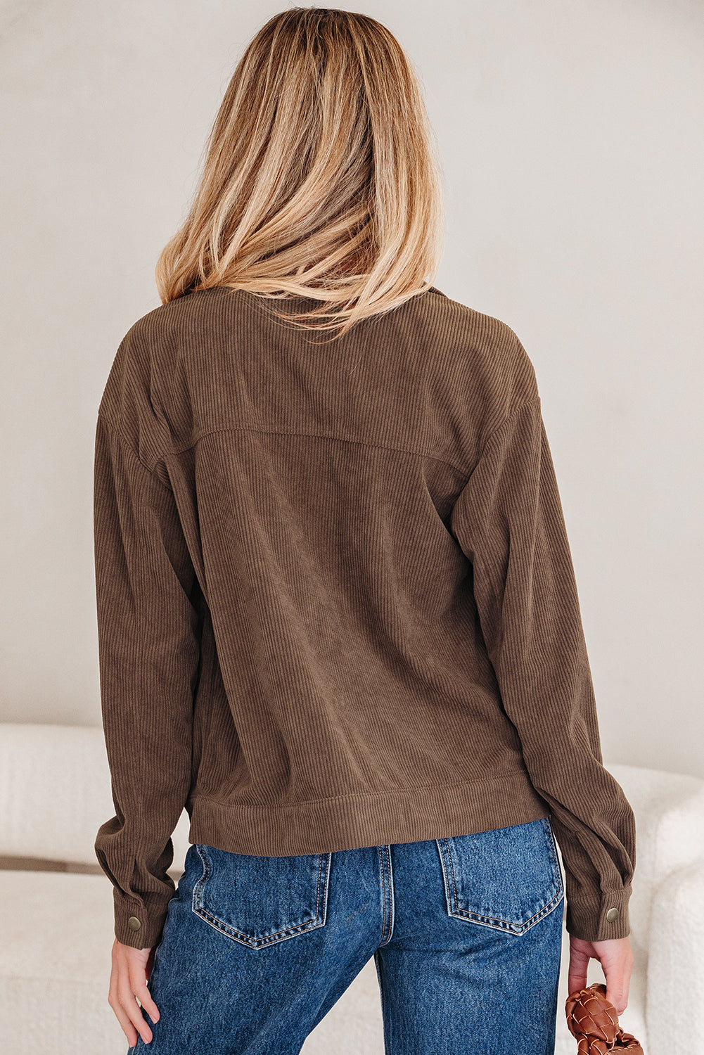 Button Collar Zip-Front Lapel Corduroy Jacket in Dark Khaki