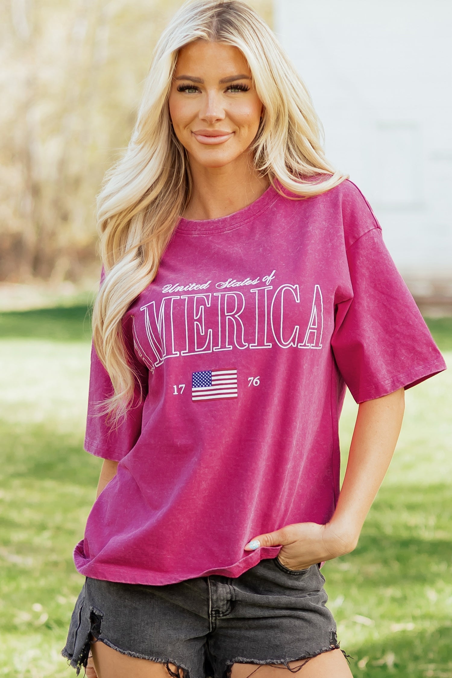 AMERICA Mineral 1776 Graphic Wash Cotton Tee in Rose Red