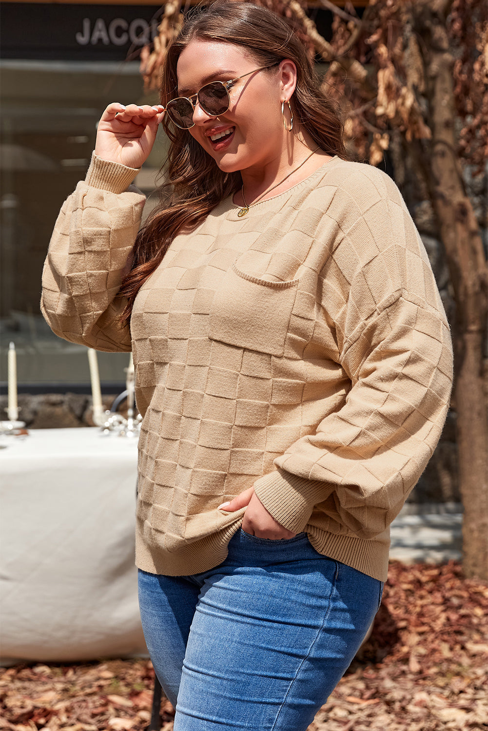 Sweater for Women Solid Checked Knitted Plus Size