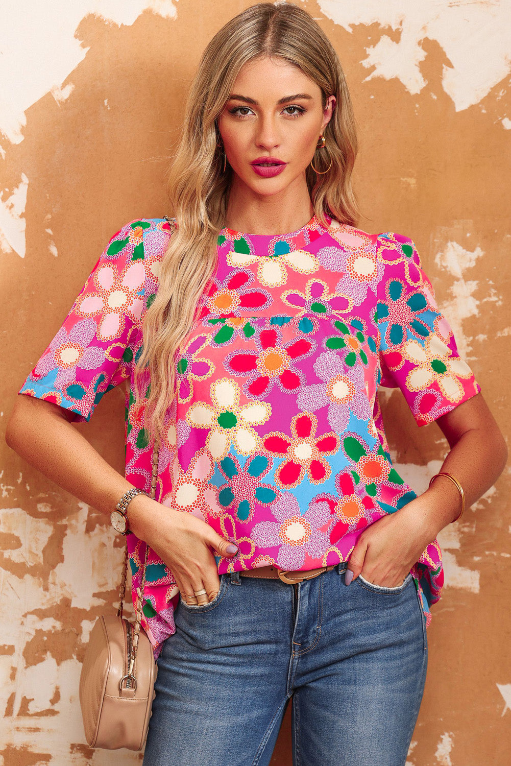 Women's Top Featuring Bohemian Flower Puff Short-Sleeve