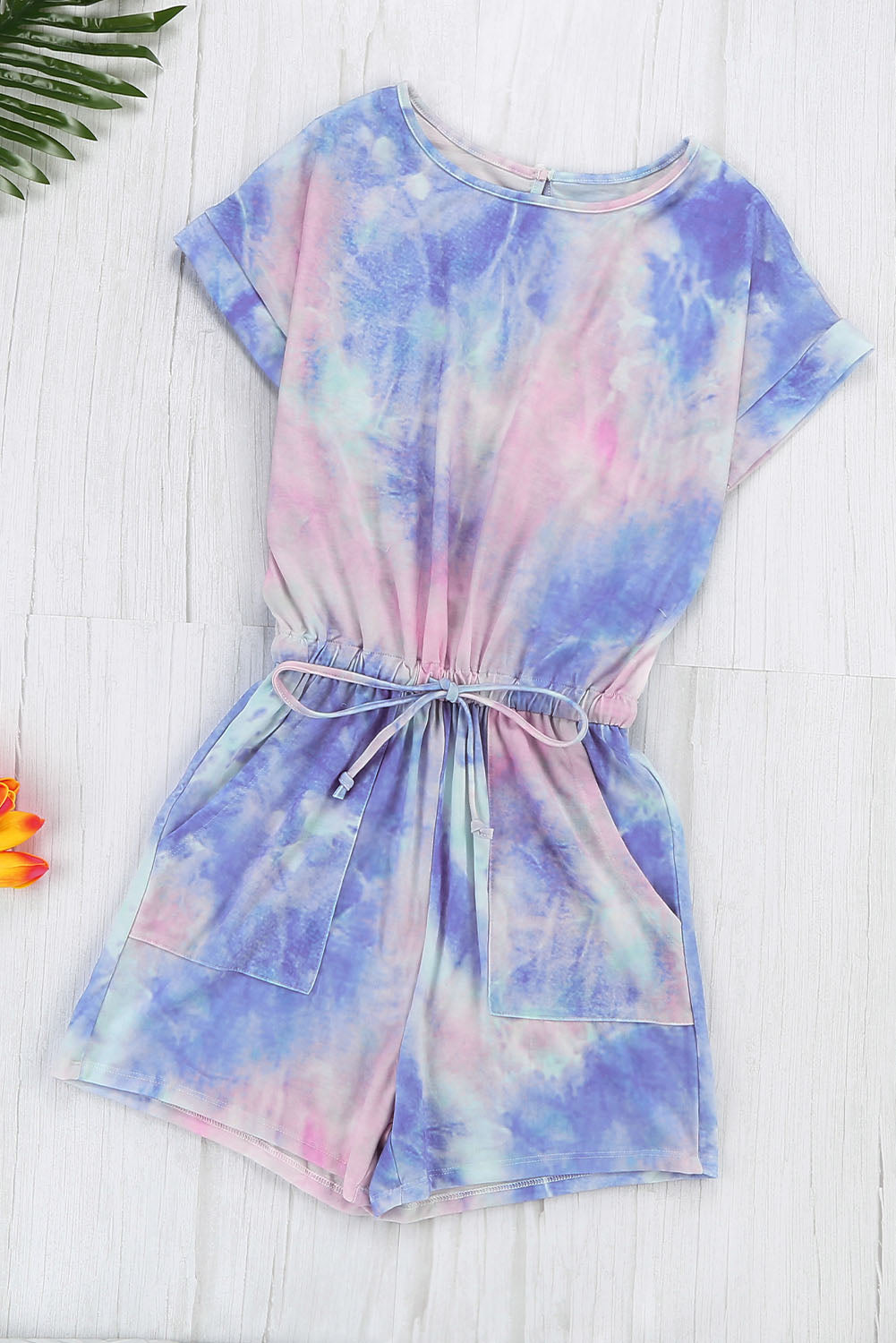 Romper for Women Tie Dye Short-Sleeve Knitted Multicolor Pocket-Detail