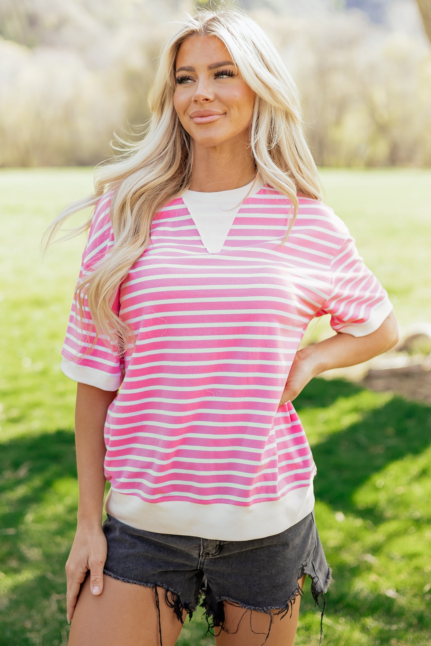 Round-Neck Short-Sleeved Stripe Short-Sleeved Loose Top in Pink