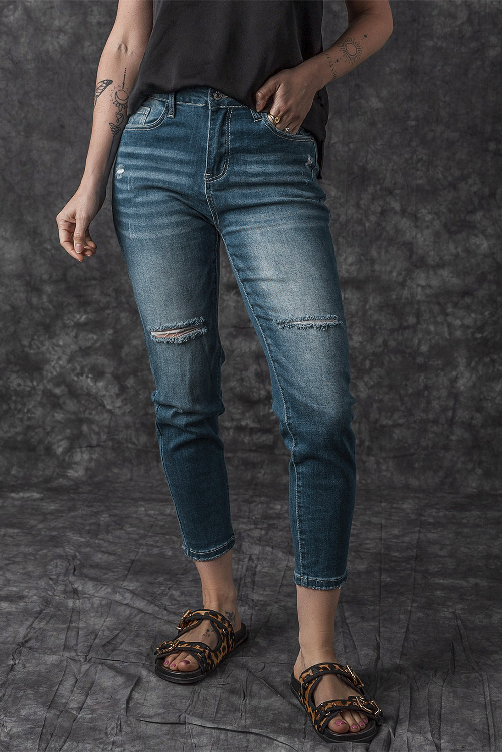 Women's Jeans Featuring Distressed Ripped Slim-Fit