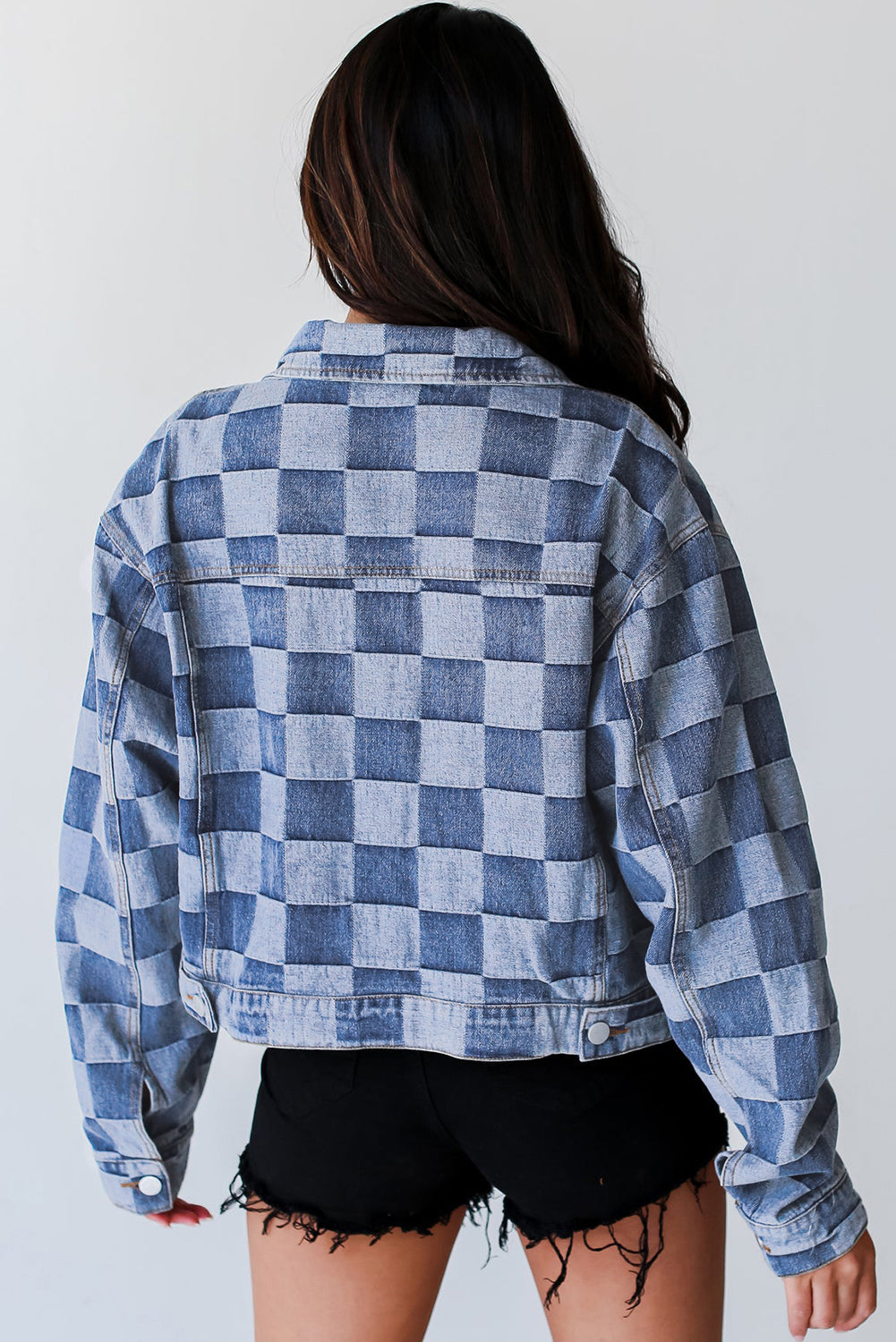 Checkered Denim Patchwork Button-Front Jacket in Light Blue