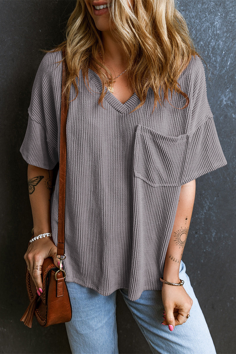 T-shirt for Women Corded V Neck Chest Loose