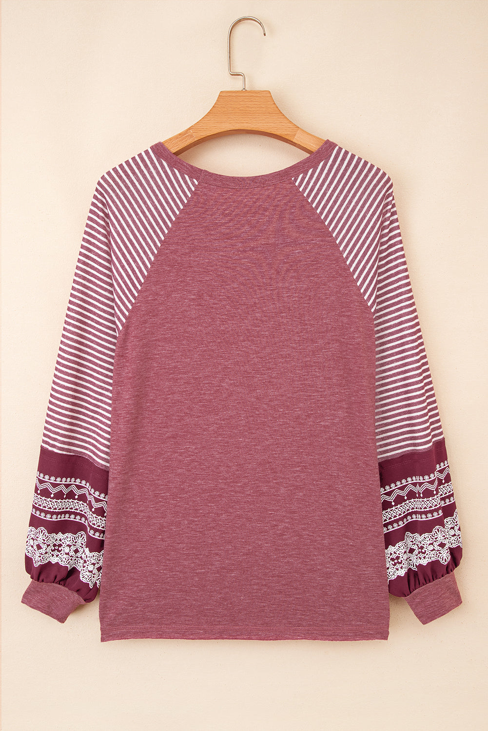 Contrast Print Striped Raglan Long-Sleeved Loose Top in Burgundy