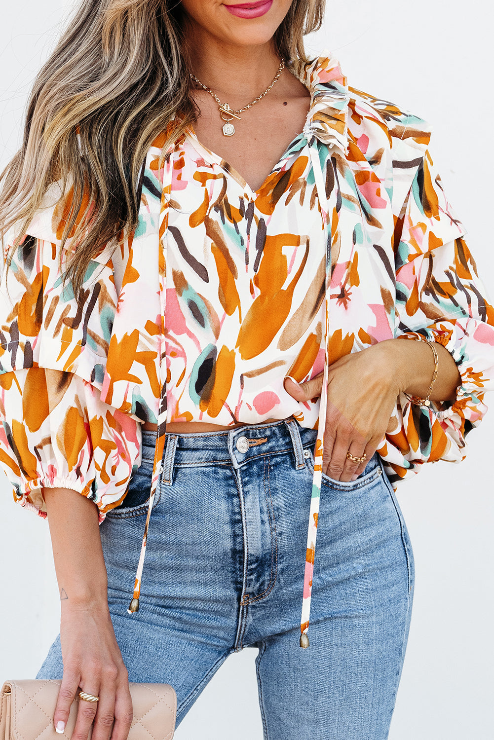 Abstract Print Drawstring 3/4 Sleeve Blouse