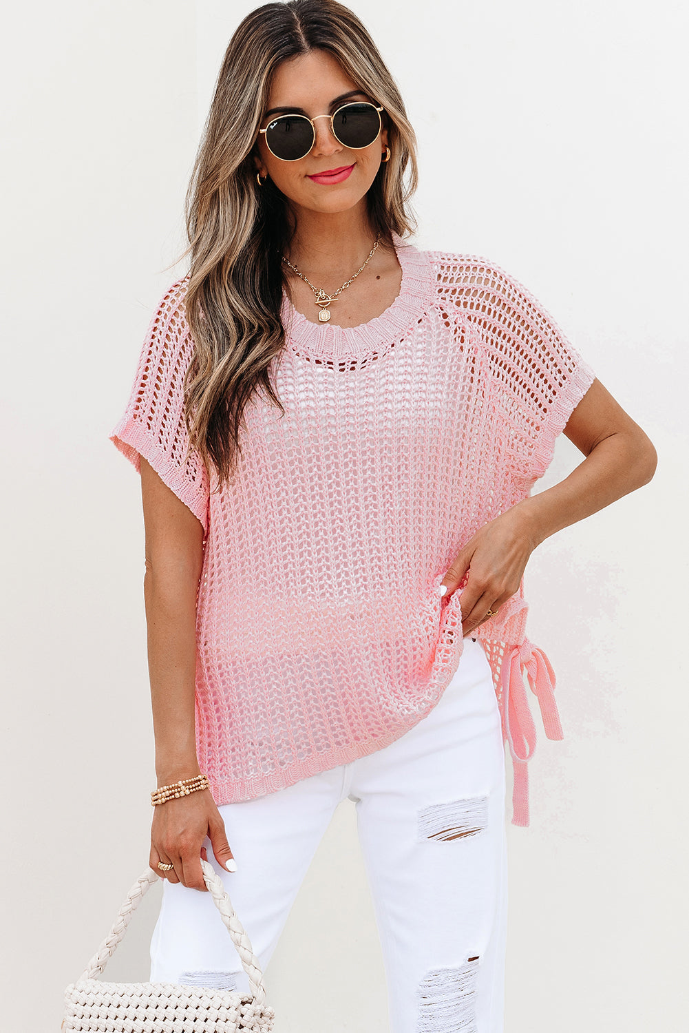 Crochet Side Hollow-out Side Tied Short-Sleeved Knit Top