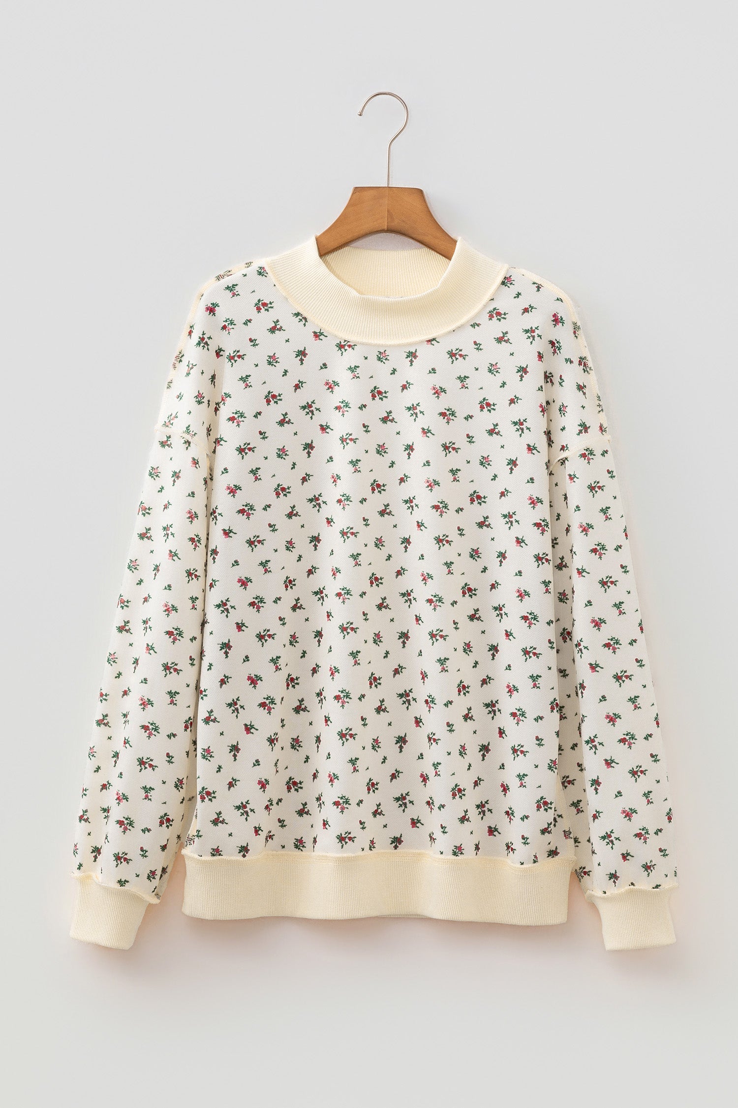 Rib-Knit Floral-Print High Neck Baggy Pullover Sweatshirt in Beige