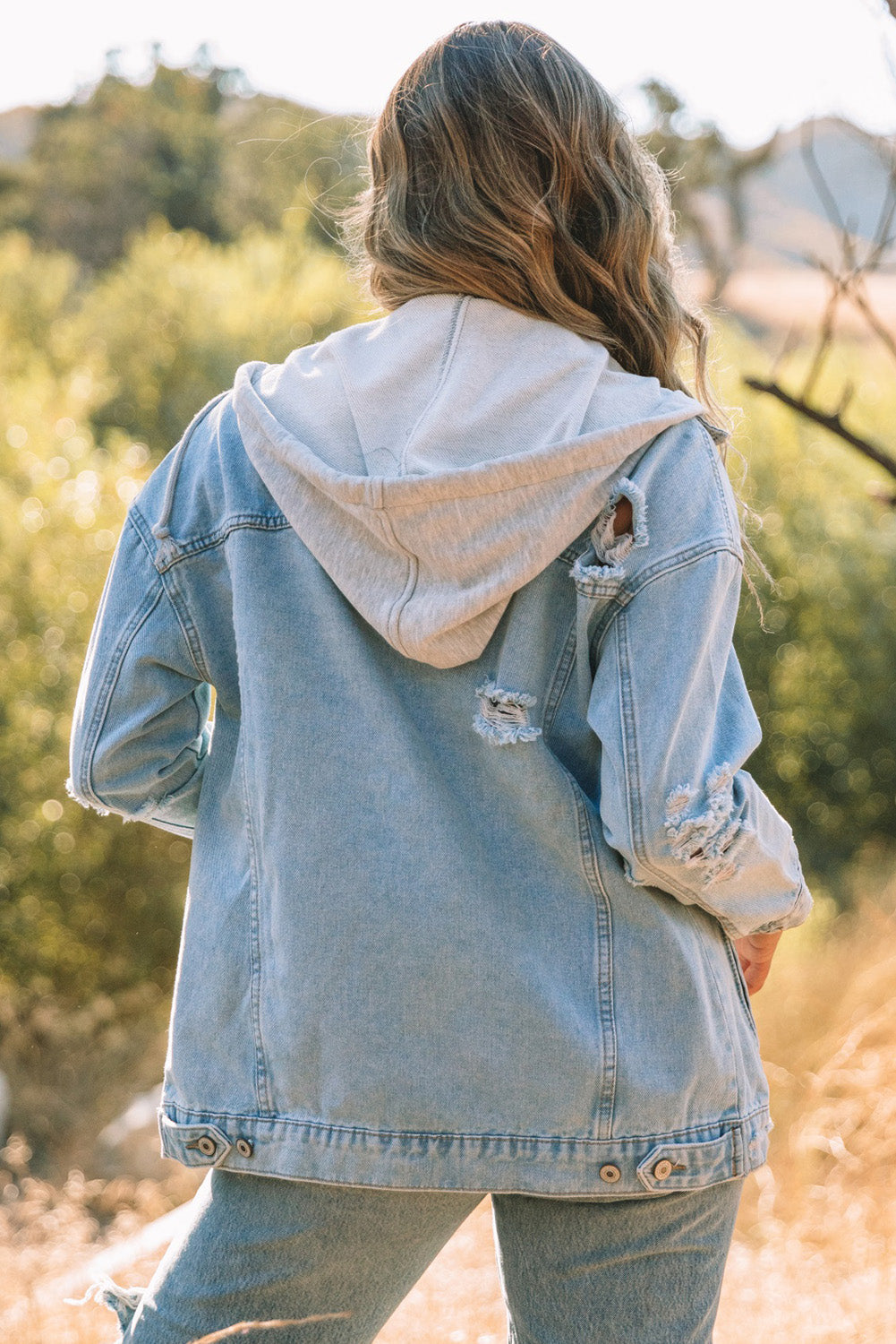 Women's Ripped Hooded Button Closure Denim Jacket