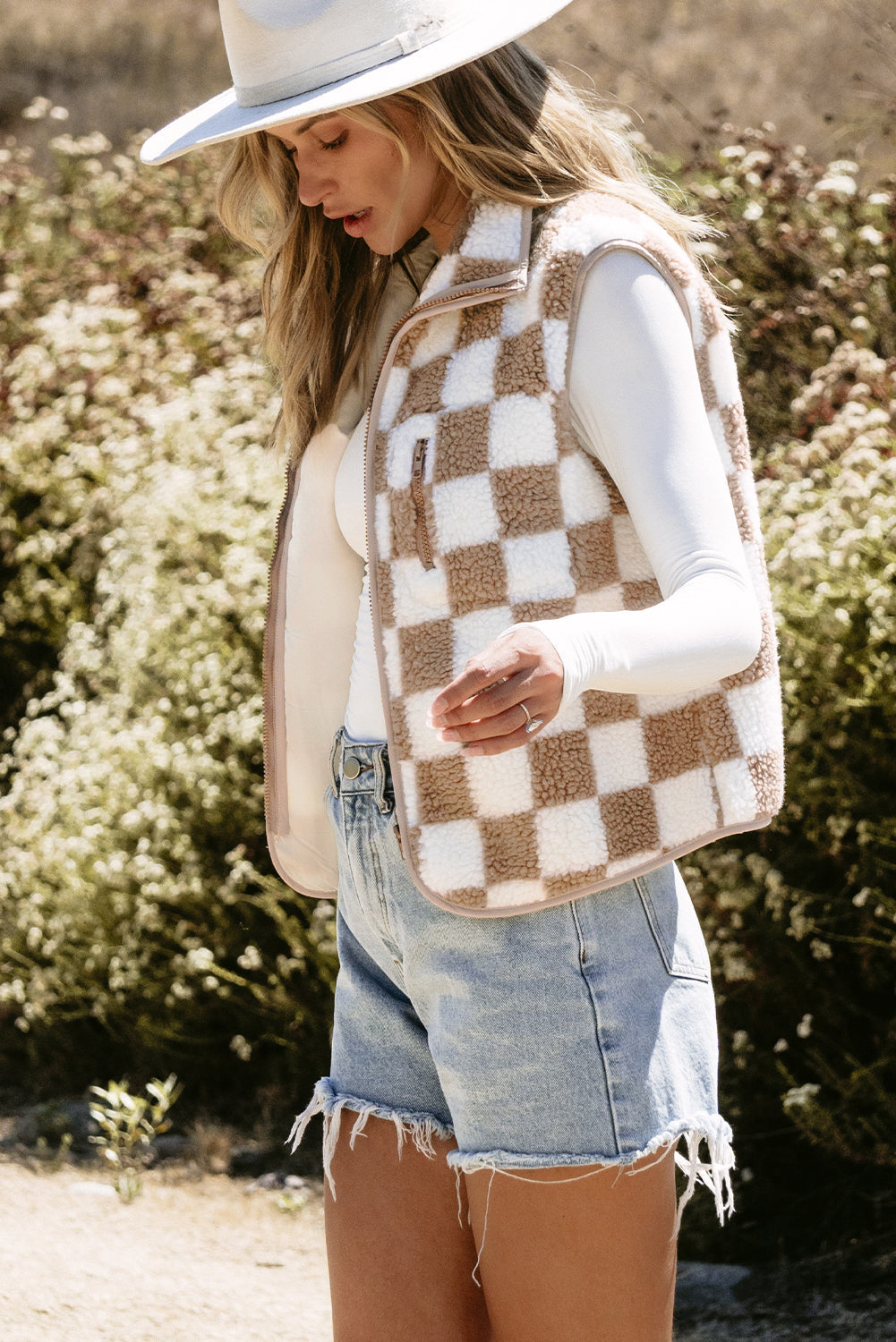 Women's Collared Jacket Checked Sherpa Vest