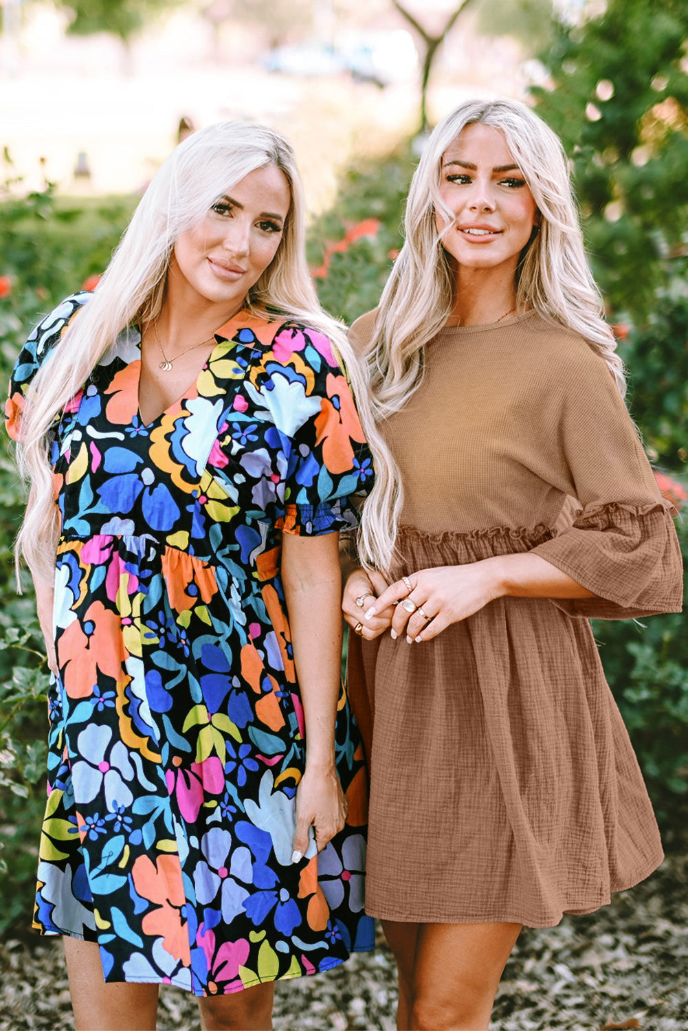 Women's Dresses with Flared Collared Split Neck Floral-Print