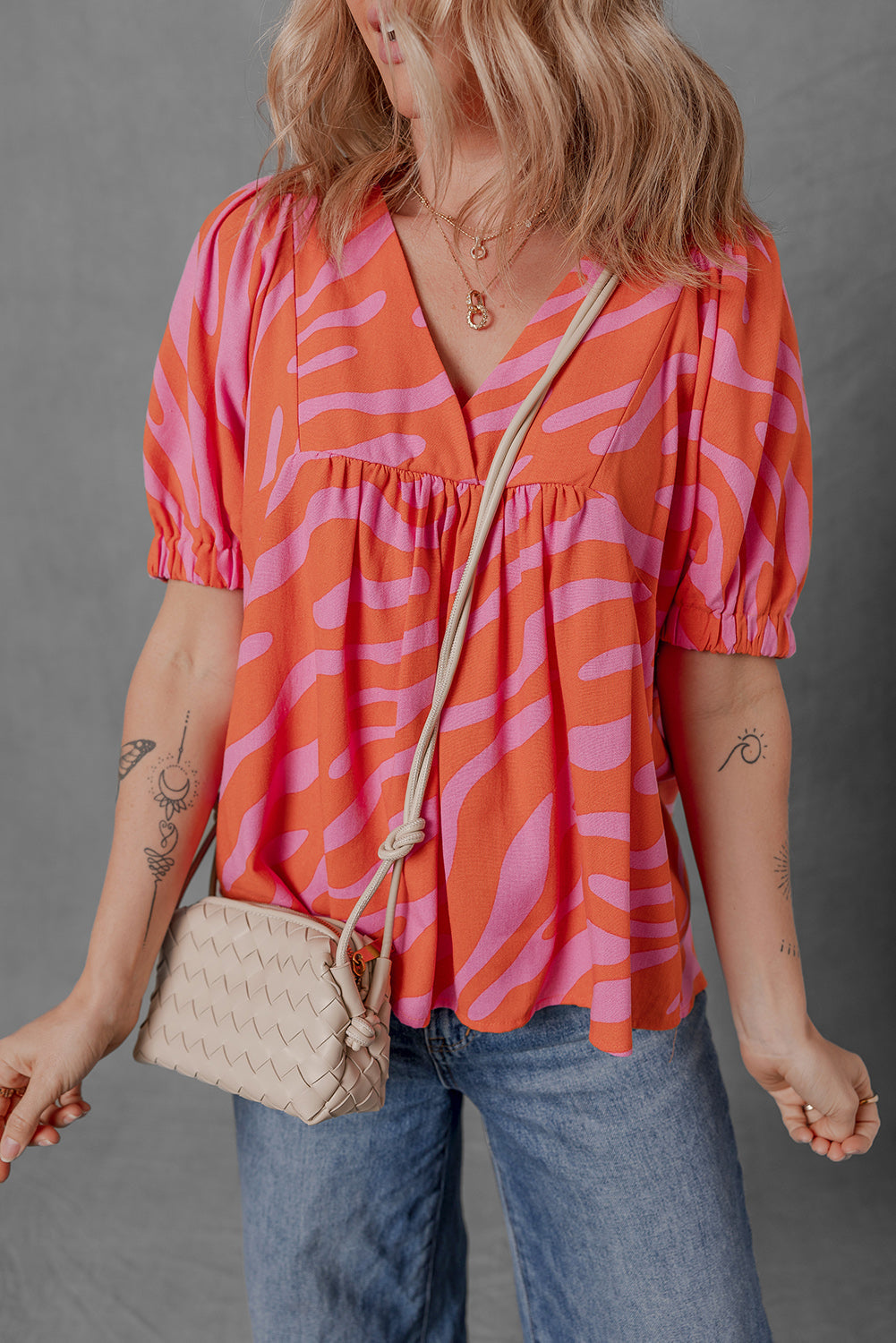Zebra Ruched Stripe Print Cuff Half Sleeve V-Neck Blouse