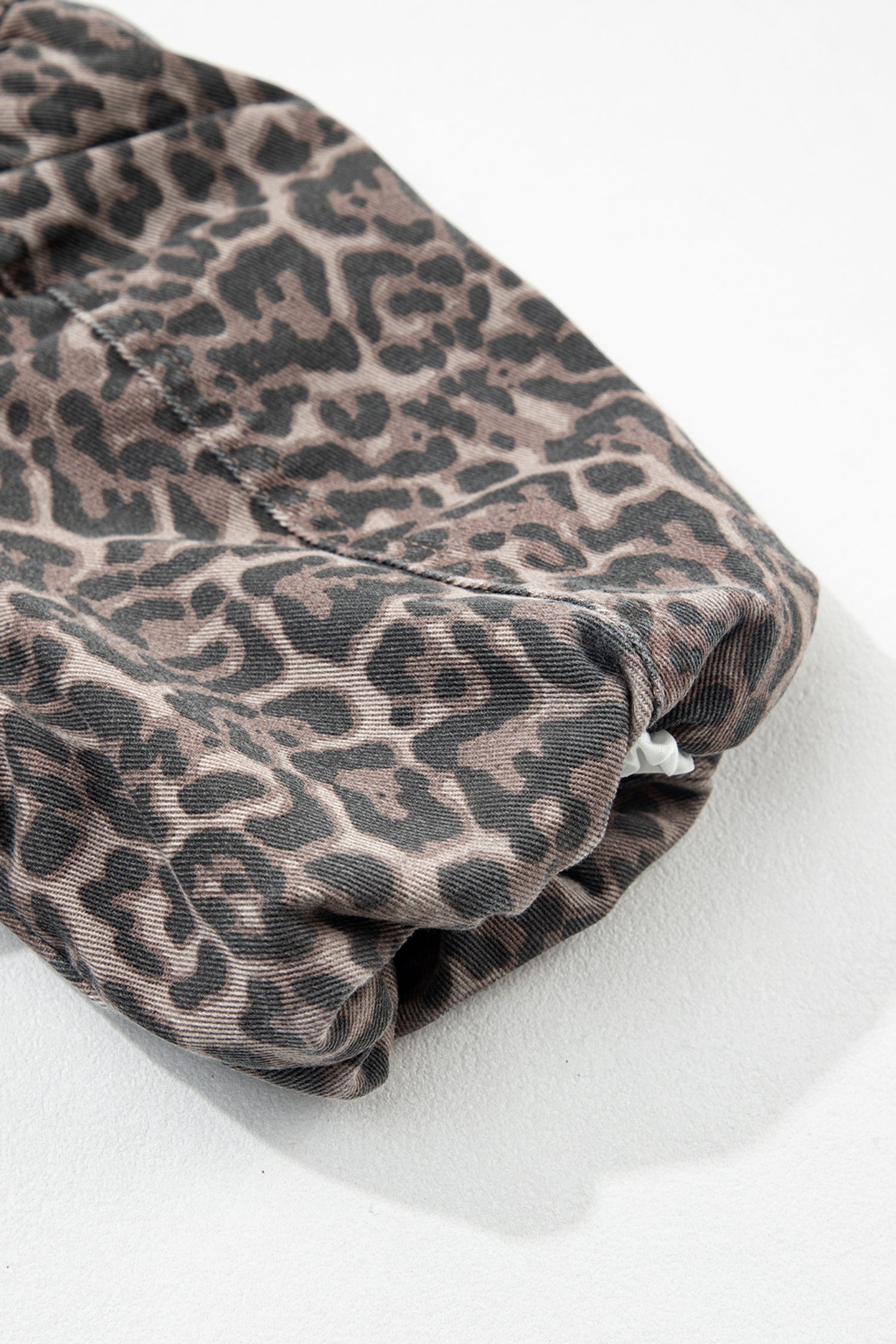 Leopard Tie Neck Short Puff Sleeve Denim Babydoll Top in Brown