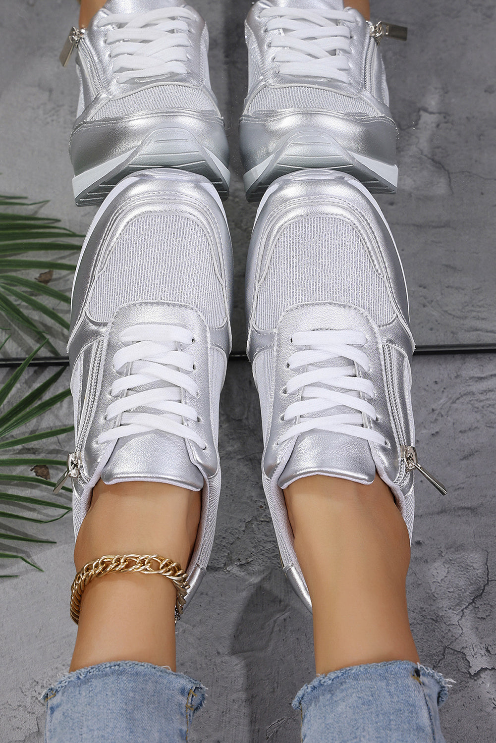 PU Zip Leather Patchwork Lace-up Sneakers