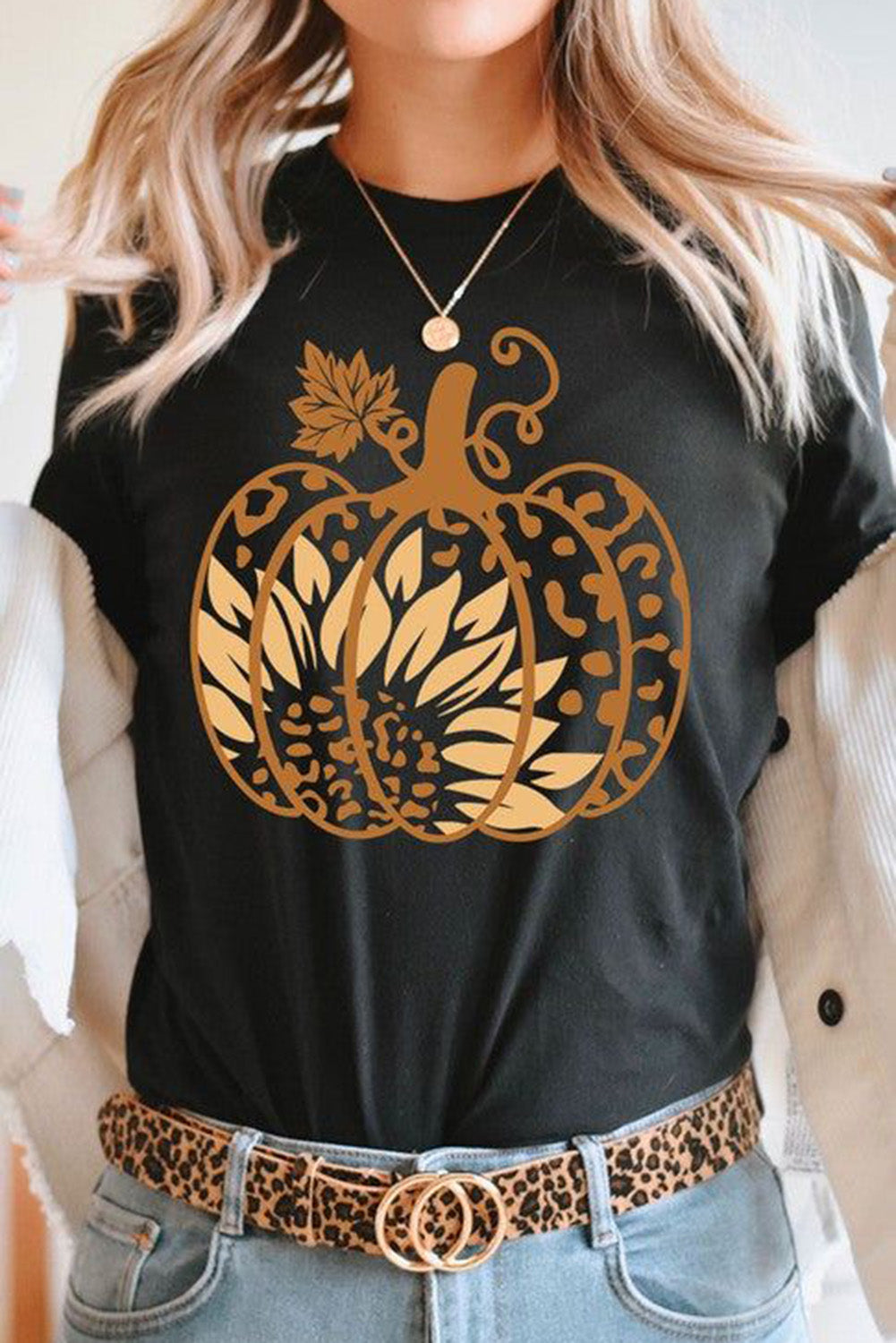 Women's Tee with Halloween Sunflower Pumpkin Graphic-Print
