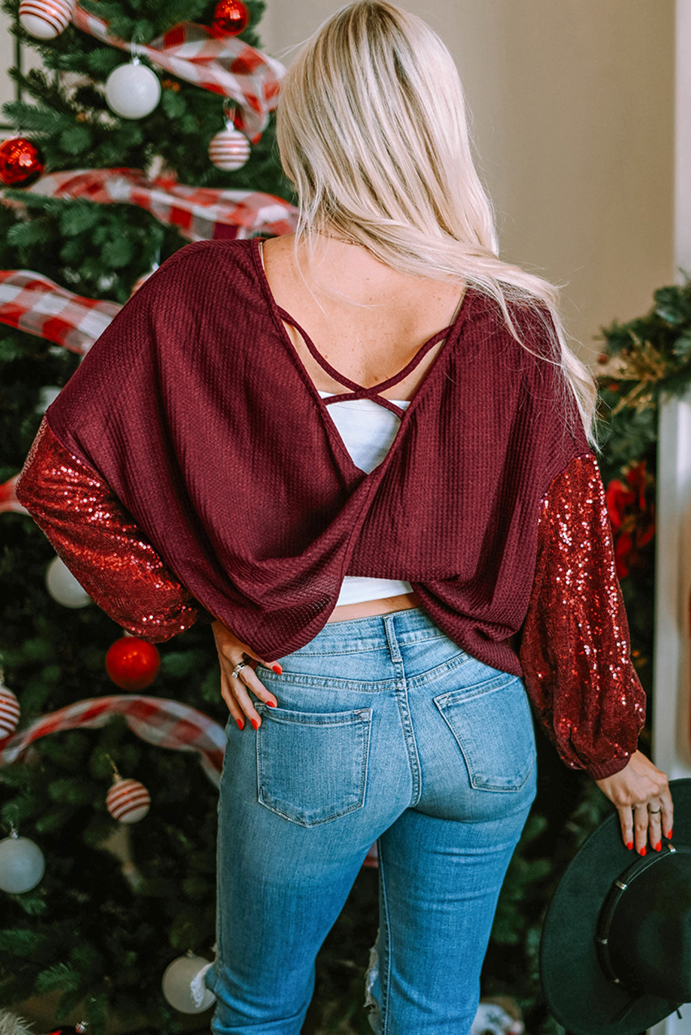 Knit Top for Women Waffle Sleeve Open-Back