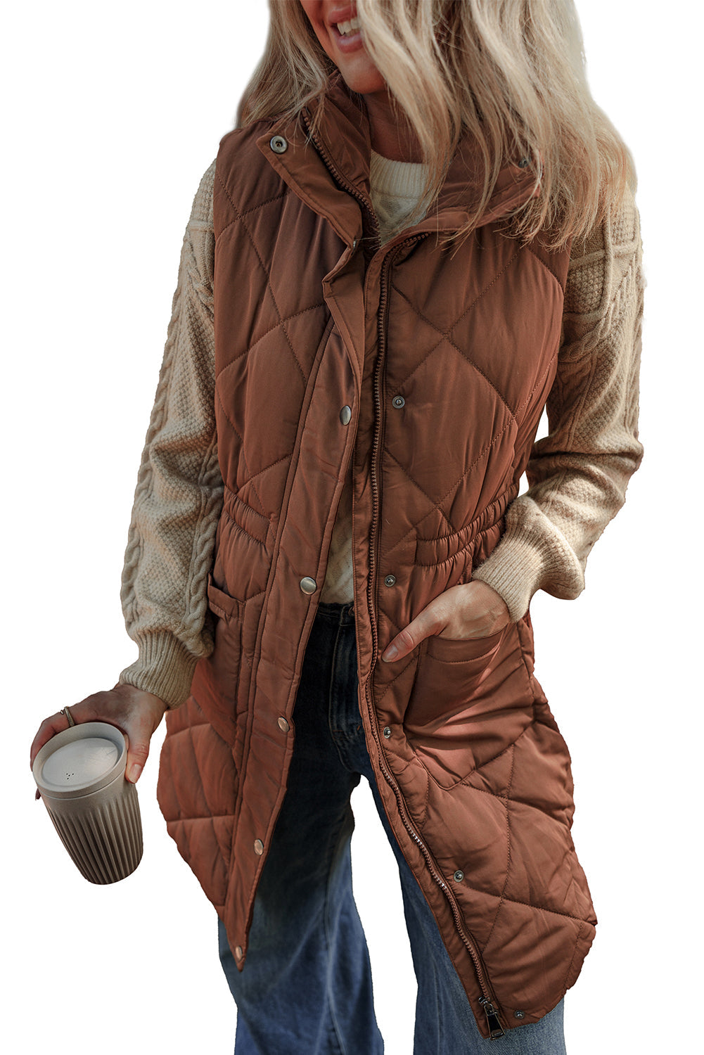 Women's Vest Featuring Puffer Longline Quilted Stand Collar