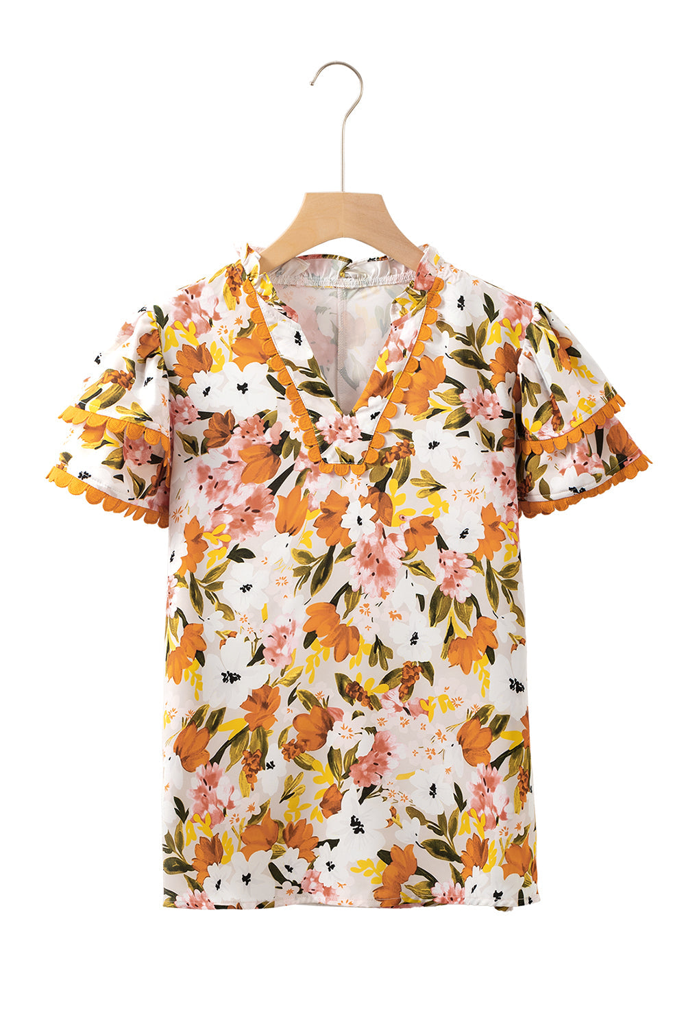 V-Neck Scalloped Ruffled Scalloped Short-Sleeved Floral Blouse