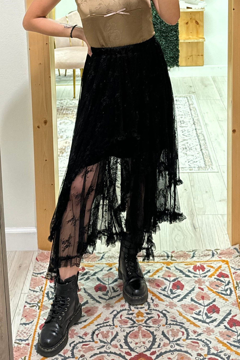 Lace High-Waisted Cascading Tiered Maxi Skirt in Black