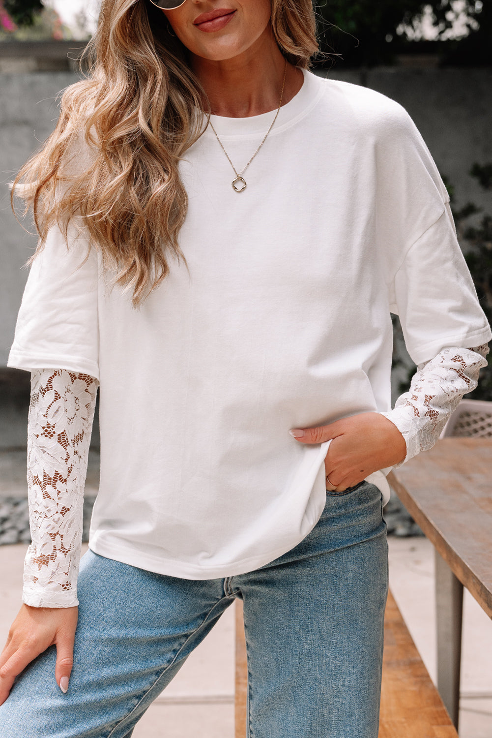 Lace Long-Sleeved Insert Drop-Shoulder Tee
