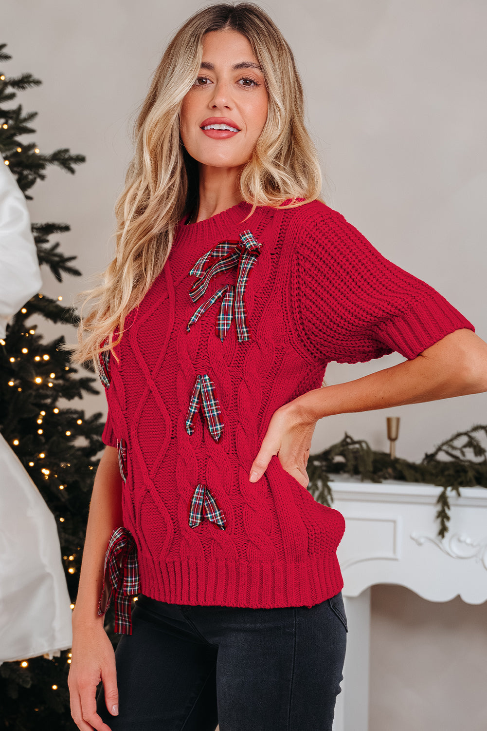 up Plaid Lace Detail Christmas Holiday Puff Short-Sleeved Knit Top