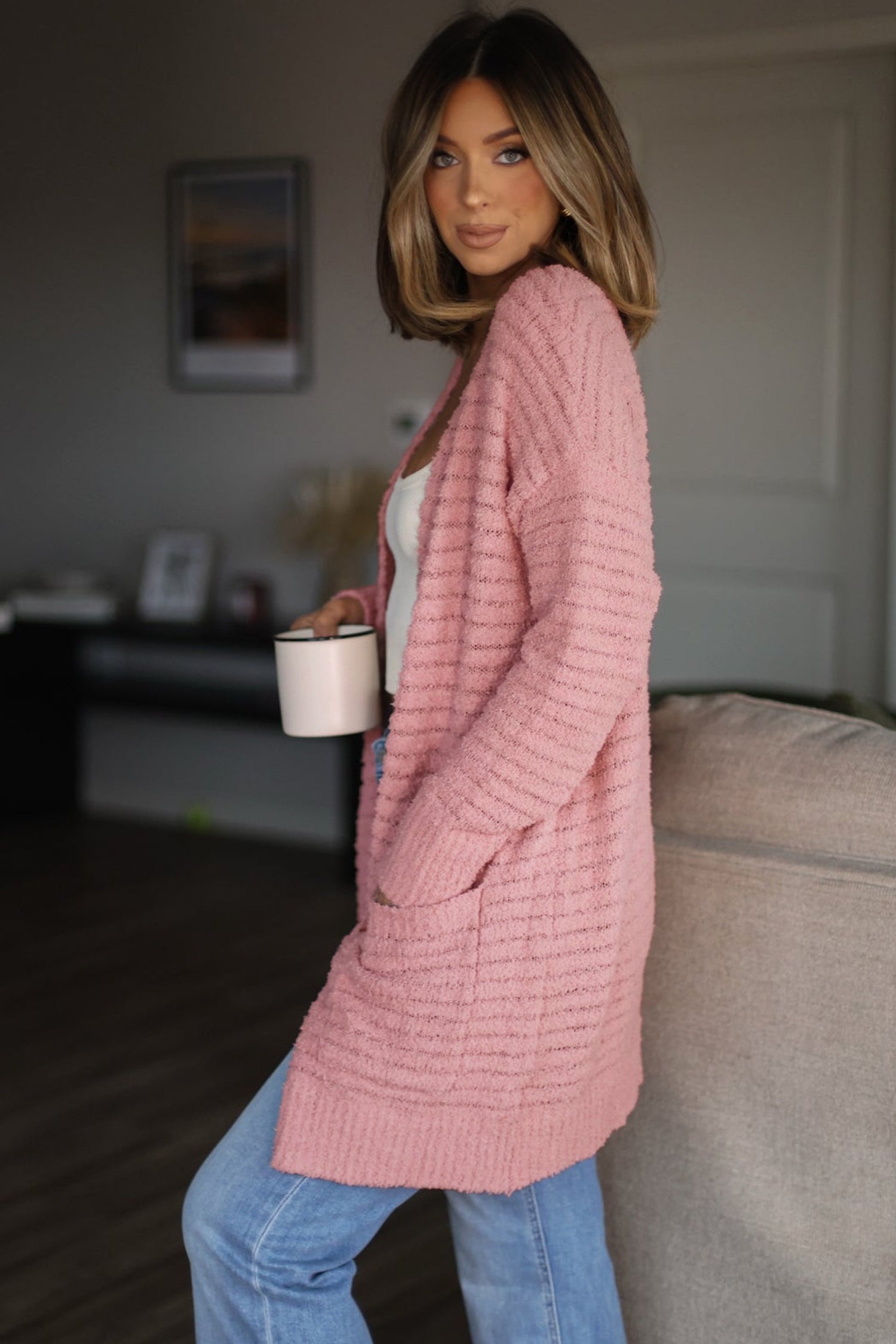 Open-Front Soft Fuzzy Rib-Knit Cardigan Knit Top in Light Pink