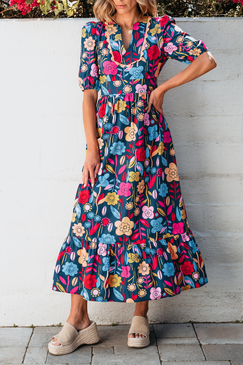 Women's Maxi Dress Featuring Retro Floral-Print Split Neck