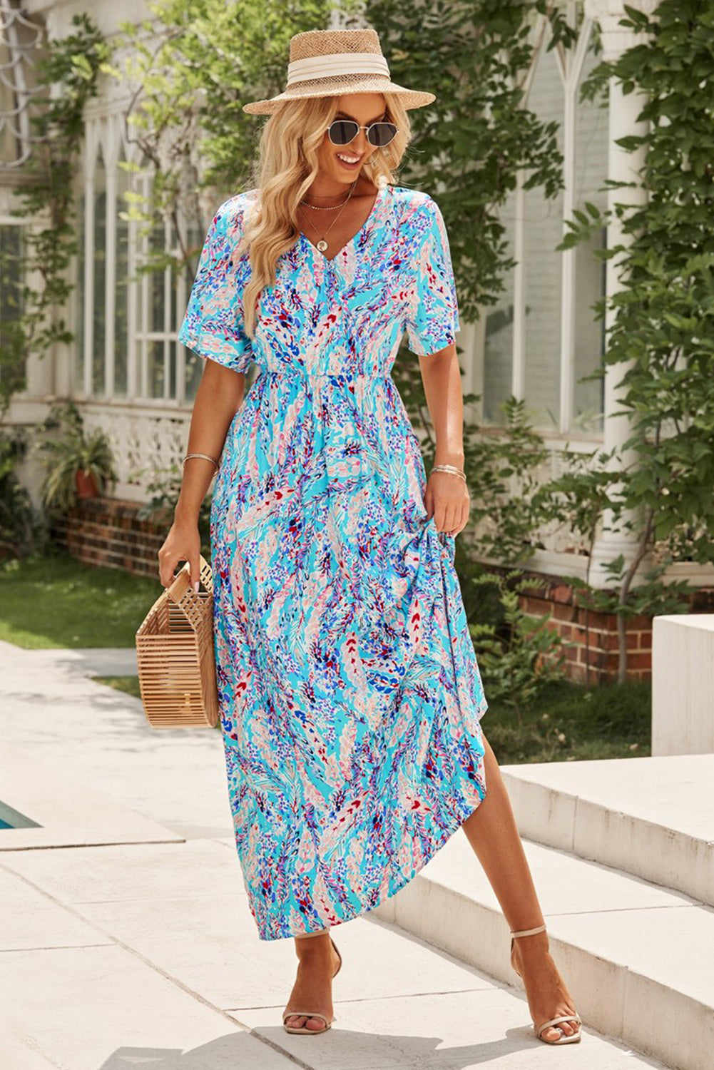 Women's Maxi Dress Featuring Wrap V Neck Floral-Print
