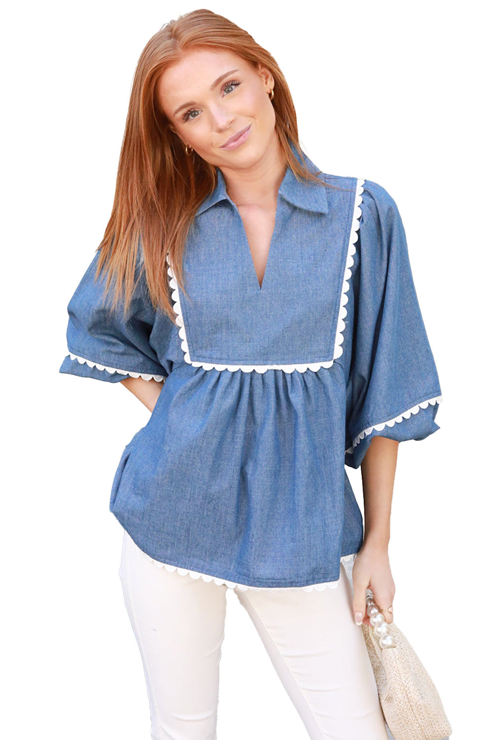 Ric Rac Lace Rac 3/4 Puff Sleeve Collared Babydoll Blouse