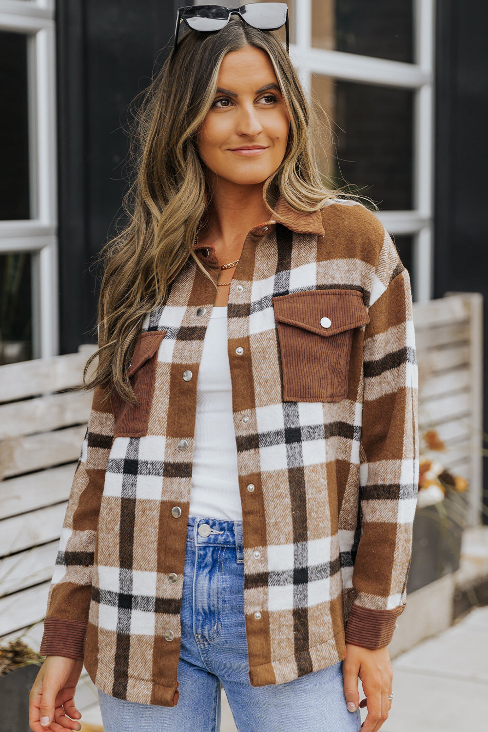 Shirt Jacket for Women Button-Front Plaid Pocket-Detail