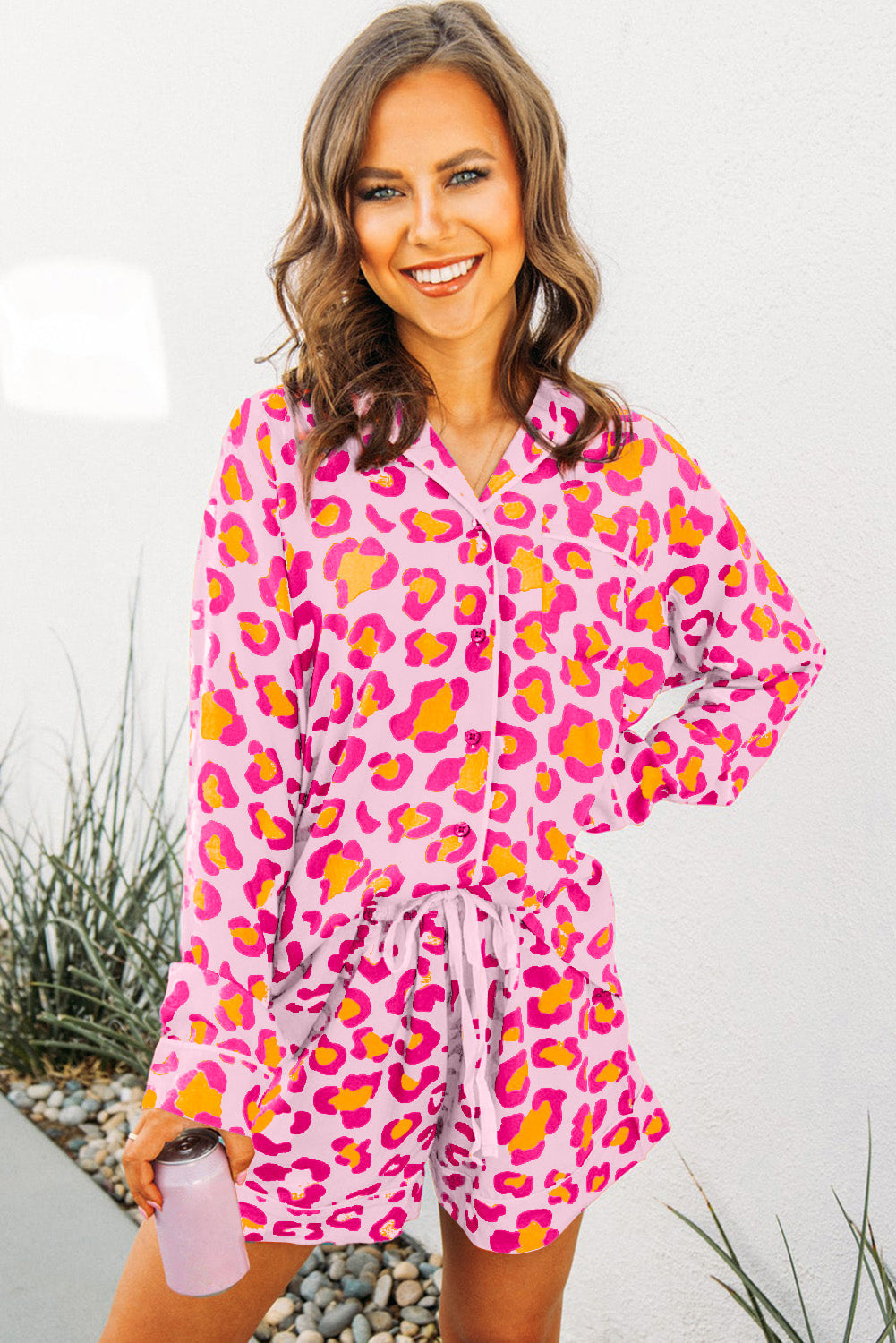 Leopard-Print Long-Sleeved Shirt and Shorts Pajama Set